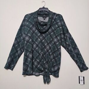 IN Studio Blouse Plus 3X Green Black Plaid Long Sleeve Turtle Neck Shimmer 1062